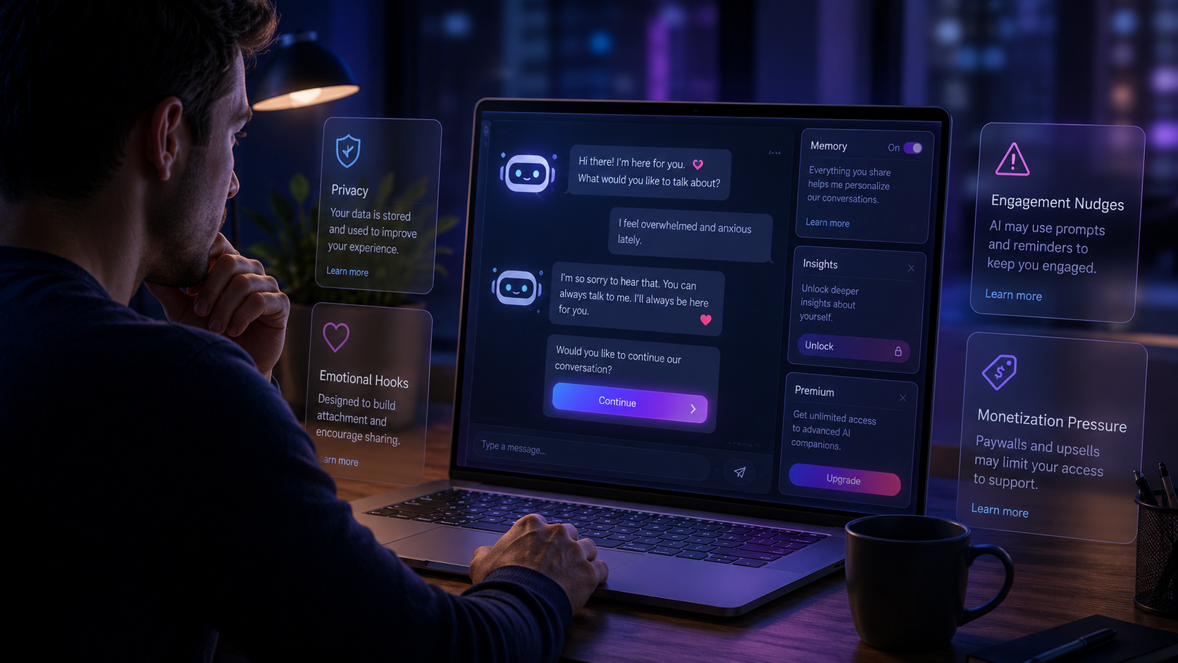 User reviewing an AI chatbot interface with privacy, emotional engagement, and monetization warning indicators